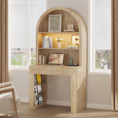 Bureau d'écriture avec huche arquée, tiroir cannelé et tablettes de rangement, bureau d'ordinateur moderne en bois avec rangement pour bureau à domicile, chambre à coucher, petit espace