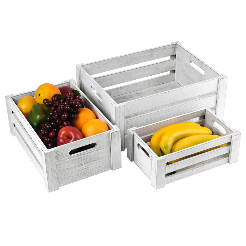 Ensemble de 3 caisses en bois massif, Gris clair