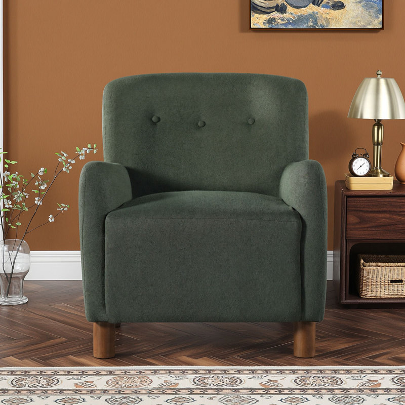 Fauteuil d'appoint moderne en lin capitonné avec siège rembourré, accoudoirs et pieds en bois d'hévéa, Vert