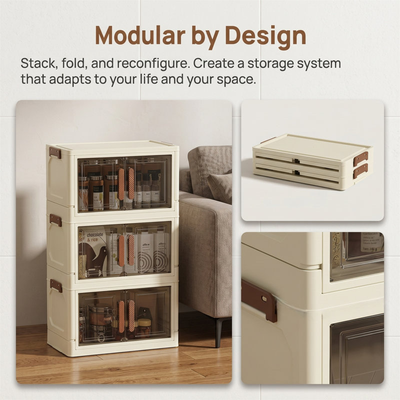 4-tier Storage Cabinets, Foldable and Stackable, Plastic, Beige + Gray, Beige/Gray