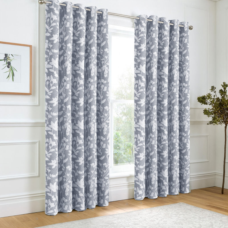 Luxury 3D Jacquard Stunning Leaf Pattern Fully Lined Curtain Pair- Ringtop, Blue, 182cm H x 167cm W