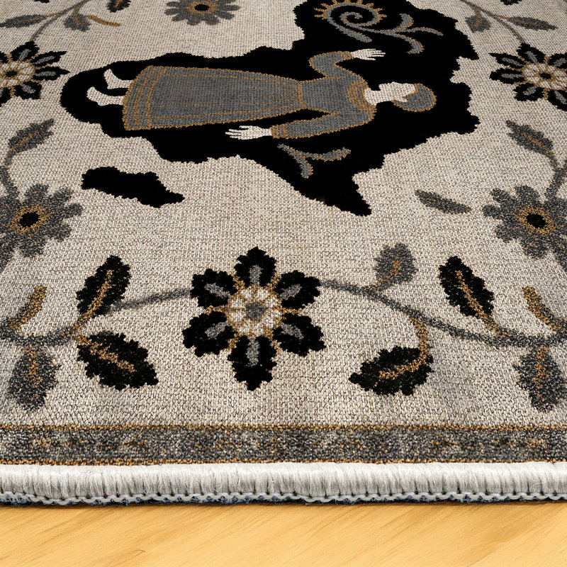 Annie Collection Digital Print Cotton-Polyester Gray Human Figured Floral Rug, Runner 4' x 13'2"