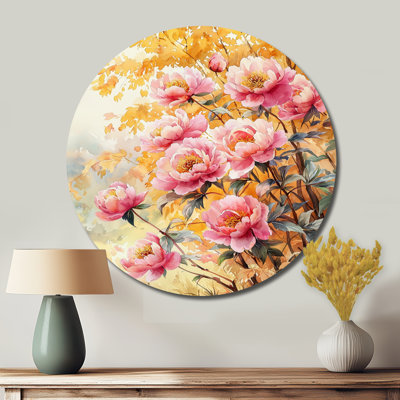 Karruan - Traditional Pink Metal Art Print, Peonies Round Metal Wall Art