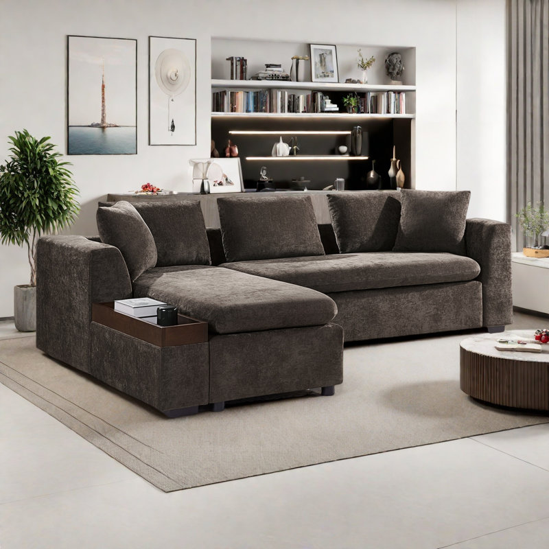 L-shaped Upholstered Sofa Couch With Wooden Storage Compartment And Throw Pillows, Green Chenille