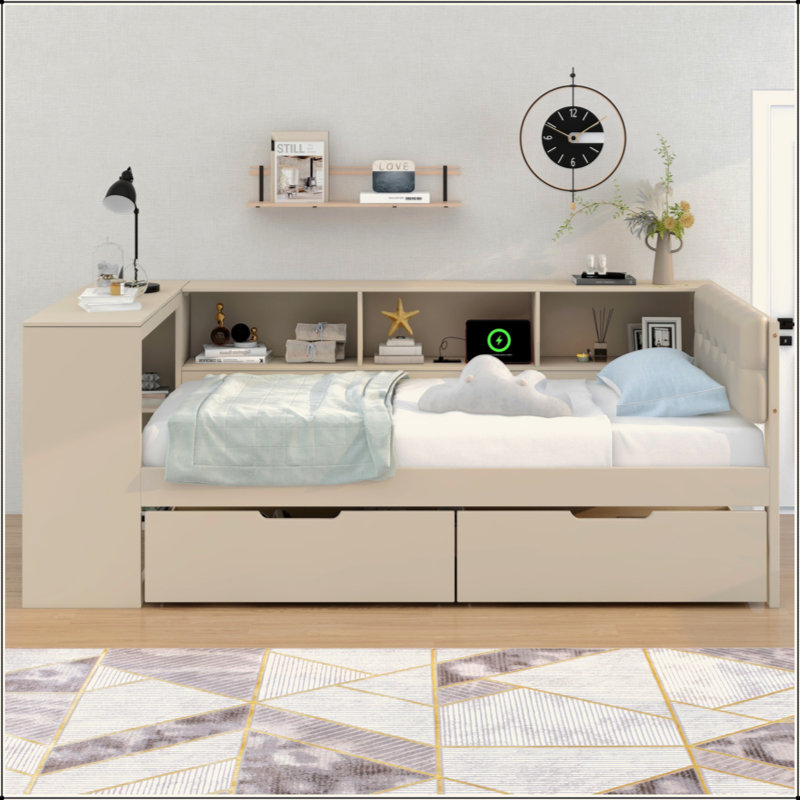 Lit plateforme en bois avec tablettes de rangement, tiroirs, station de charge et tête de lit tapissier, Lit simple, Crème