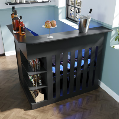 51'' W Black Corner Bar Table, 4-tier Drink Bar Stand With 13 Removable Bottle Racks, Stemware Holder & Open Shelves, L-shaped Home Bar Unit For Basement, Pub, Reception