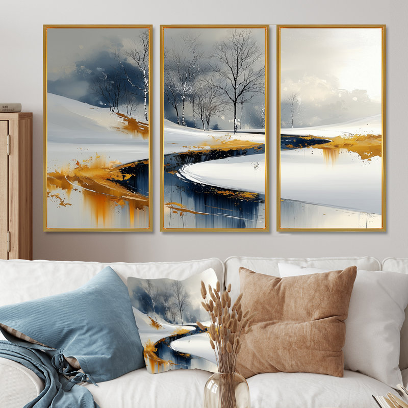 «Gold Frosted Morning I», ensemble d'art mural de Noël, Toile avec cadre flottant or, H 40 po x l 60 po x P 1 po