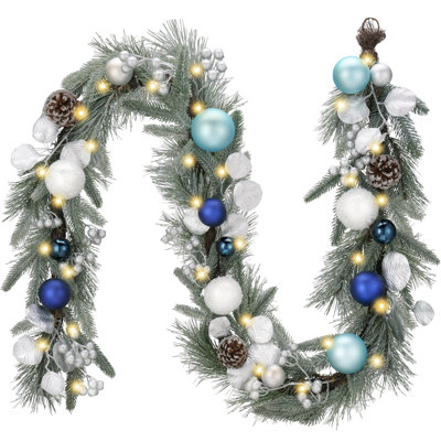  6 Ft Pre-Lit Christmas Garland with Lights for Mantle, Lighted Outdoor Xmas Garland with Silvery Blue Balls Norfolk Pine for Home Stairs Fireplace Table Centerpiece Indoor Holiday Decor
