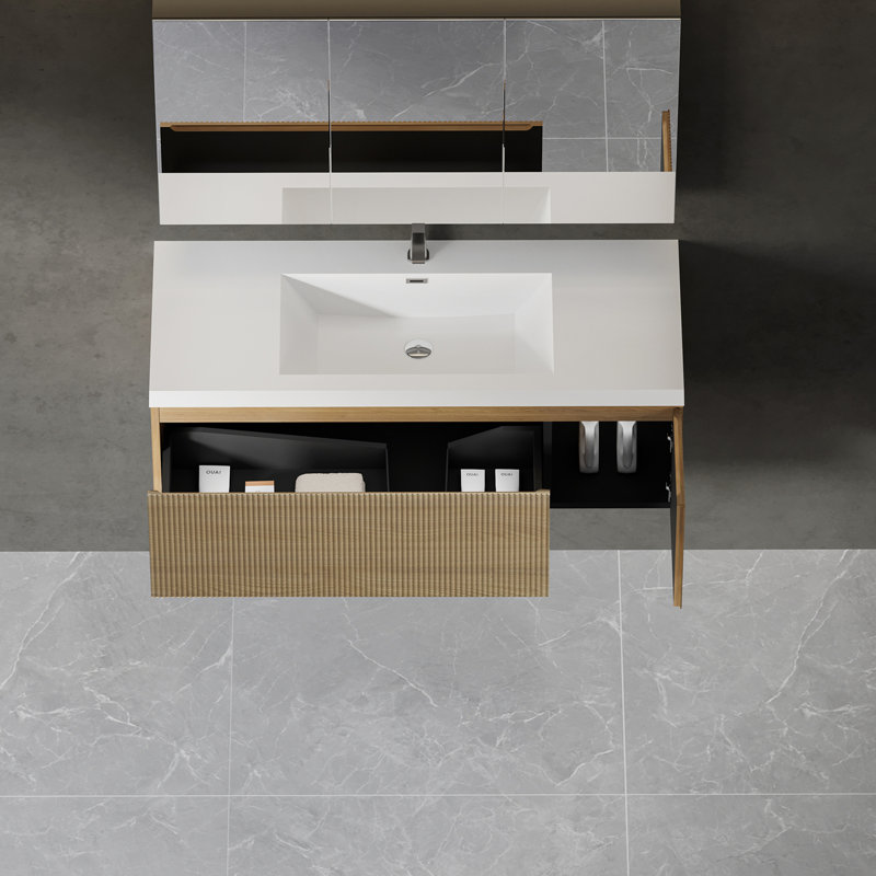 Meuble-lavabo flottant avec lavabo, Blanc, Bois de chêne naturel