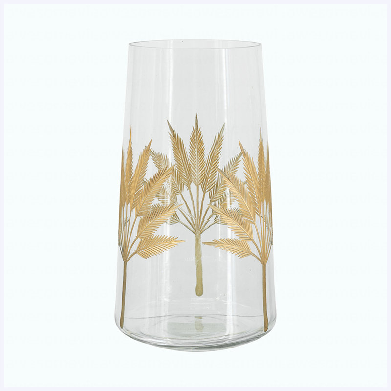 Grand vase cylindrique décoratif en verre 9,8 "avec motifs de feuilles d'or H 9,8"