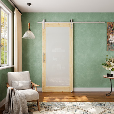 Solid Pine And 1-Lite Frosted Glass Sliding Barn Door With Nickel Plated Installation Hardware Kit(No Assembly Required)
