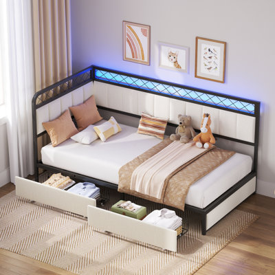 Twin Corner Daybed With Led Lights & Storage Drawers, Charging Station Included