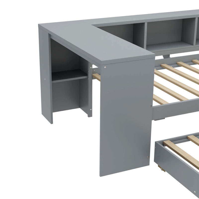 Twin Size Daybed with Trundle and Storage, Wood Frame with Drawers, Shelves, and Desk, No Spring Box Needed, Gray, Gray, Twin