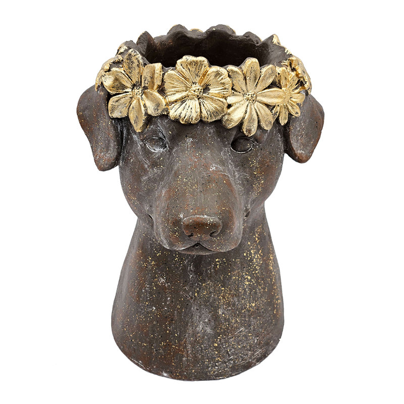 Magnesium Dog Statue Planter with Textured Brown Finish and Gold Leaf Crown