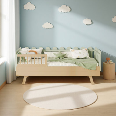 Kids Bed Frame with Fence Rails, 2-in-1 Convertible Platform Bed with for Kids Boys Girls