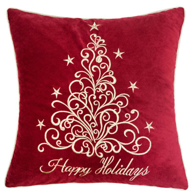 Happy Holidays Embroidered Velvet Throw Pillow – 20X20" Red Christmas Accent Cushion With Gold Detailing