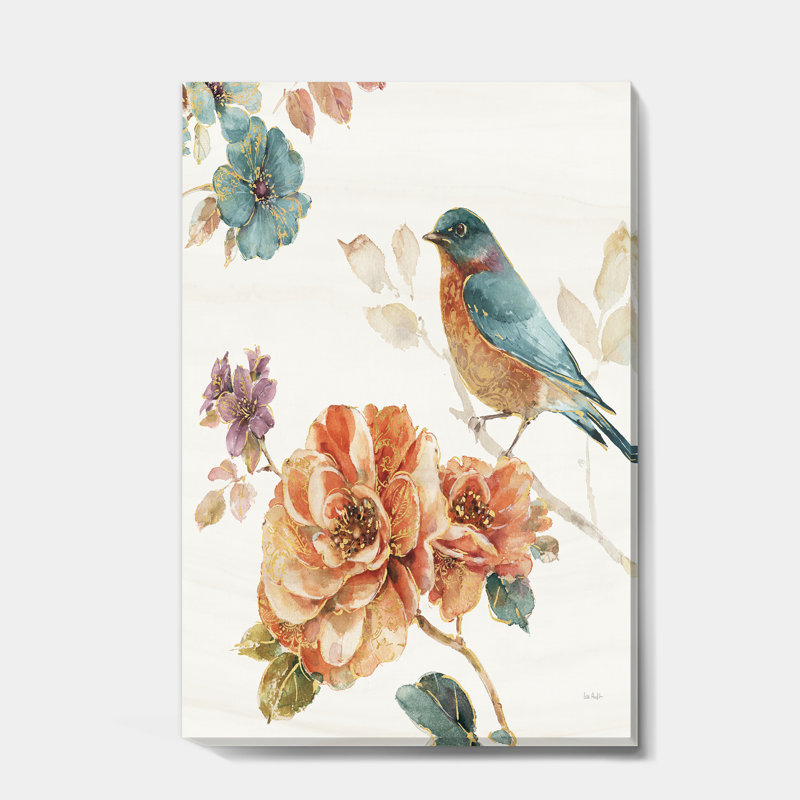 «Cottage Bird on Orange Flower Twig», reproduction d'art sur toile tendue, H 20 po x l 12 po x P 1po