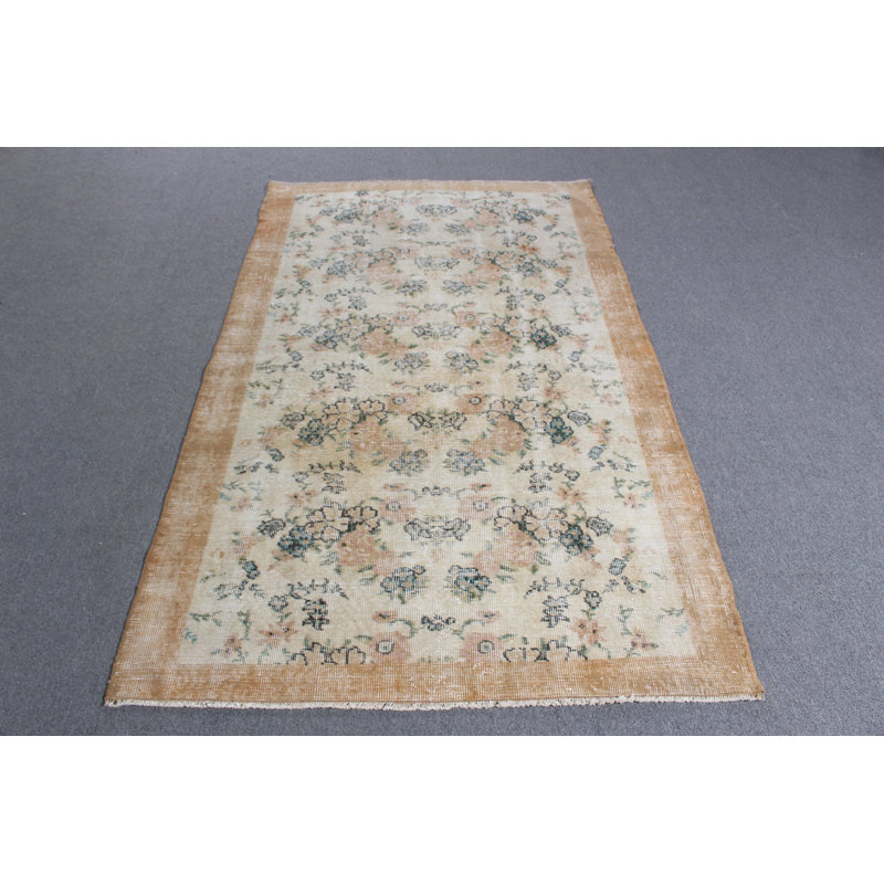 Tapis turc Oushak authentique pour salon en beige avec motif floral antique