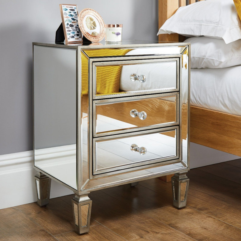 Roxbury Mirrored 3 Drawer Nightstand Modern Design Bedside Table