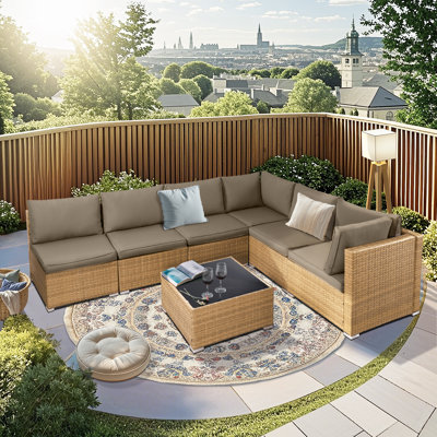 Ensemble de canapé modulaire d'extérieur en osier 7 pièces avec table basse et coussins épais 7 pièces 