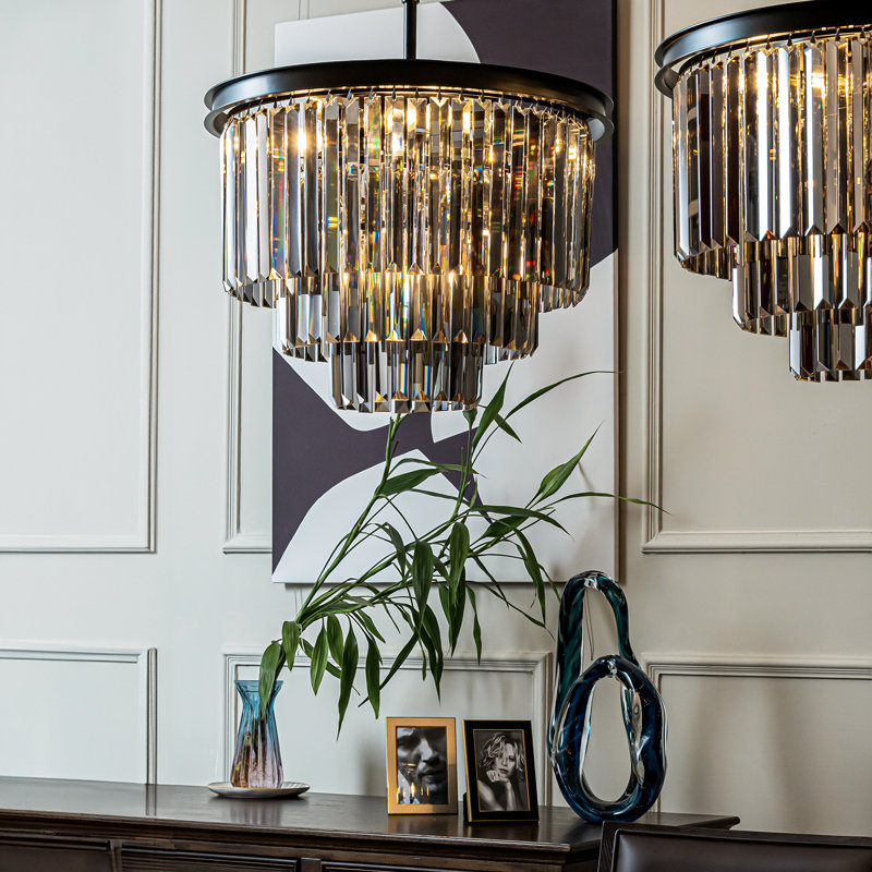 6-Lights Modern 3-Tier Round Fringe Crystal Chandelier, Black