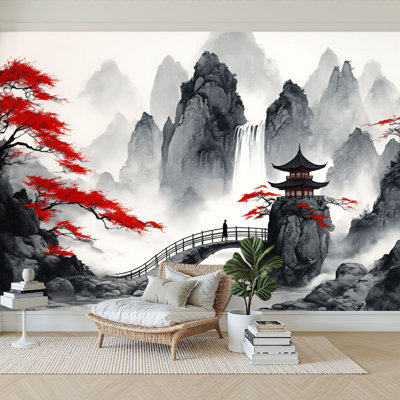 Peel and Stick Wallpaper 96" W x 69" H Modern Self Adhesive Wall Mural for Bedroom Ink Wash Mountain Landscape Pagoda Arched Bridge Waterfall Red