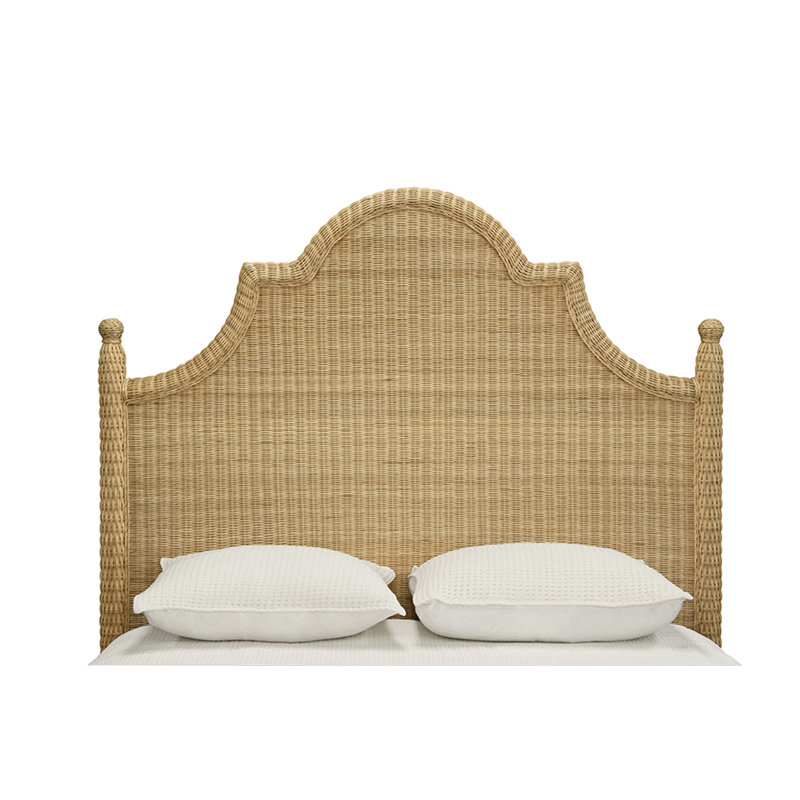 Bed Frame with Arched Headboard, Side Rails, and Footboard in Rattan with Wood Feet, Queen