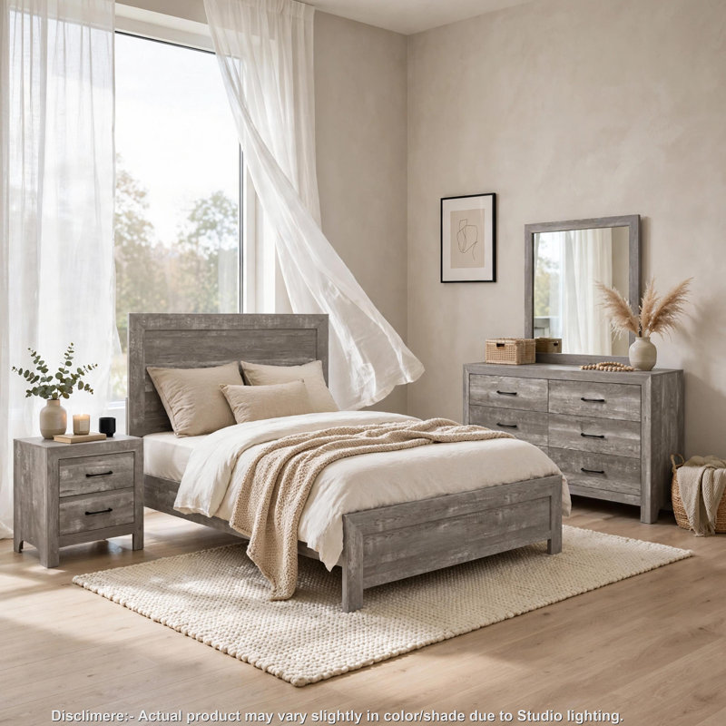Ensemble de chambre à coucher grand lit 4 pièces Eb, style maison de campagne, gris, noir