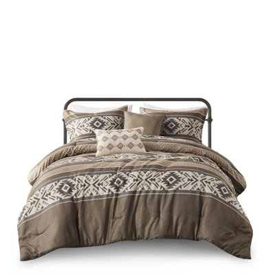 5 Piece Comforter , Stripe Herringbone, King/ King, , Brown, Throw Pillows With 2 Pillows, Herringbone