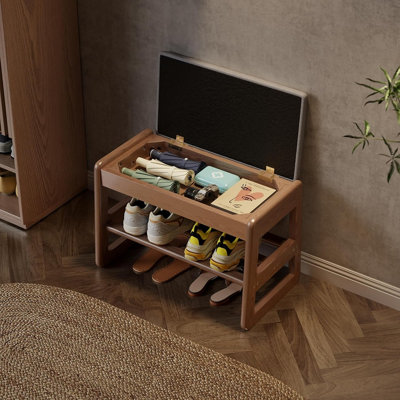 2-Tier Wooden Shoe Storage Bench with Flip-Top Hidden Compartment, Entryway Organizer