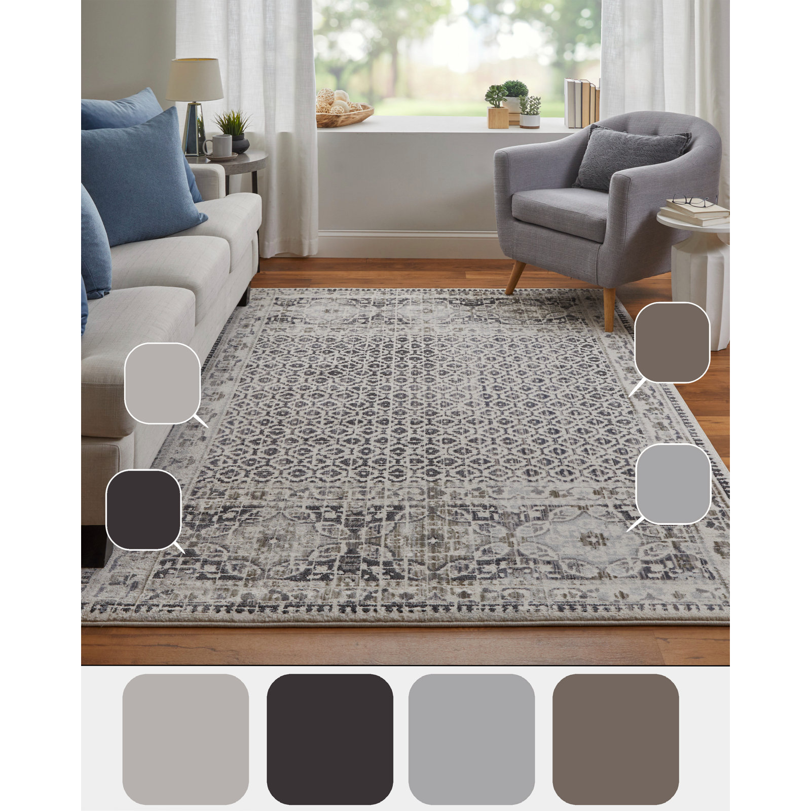 Chander Charcoal Ivory Oriental Rug, Rectangle 2'2" x 3'