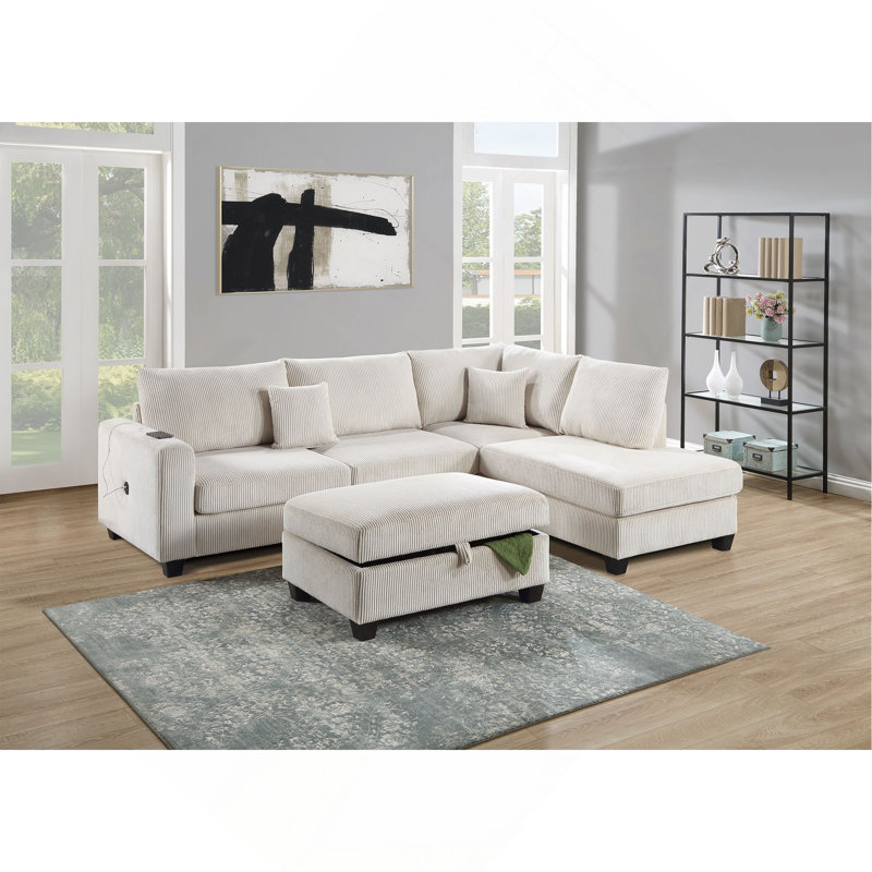 Ensemble de canapé modulaire rembourré en velours côtelé LAF ivoire 3 pièces, Ivoire ivoire