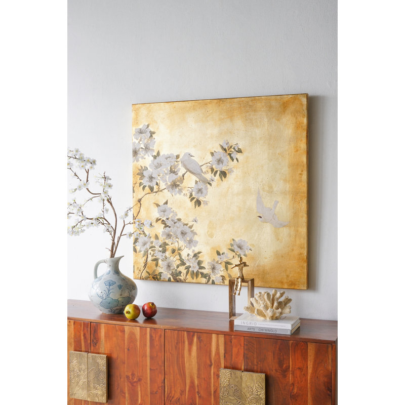 Grand art mural carré blanc en forme de fleur blanche sur fond doré texturé | Idée de cadeau