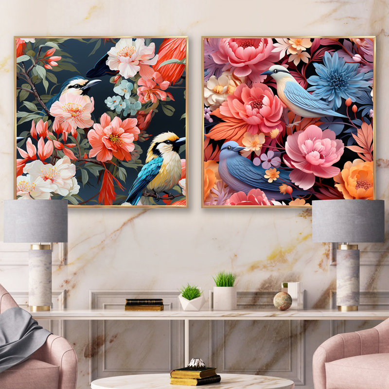 Harmonous, oiseaux tropicaux vifs et floraux - ensemble de 2 collages floraux carrés, Cadre flottant doré, H 36 po x l 73 po