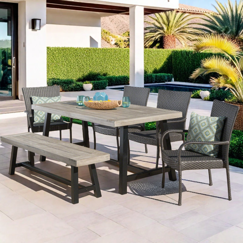 Nungesser 6 - Person Acacia Wicker Patio Dining Set with Rectangular Table
