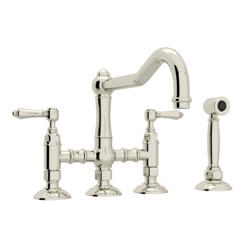 Acqui Bridge Kitchen Faucet With Side Spray, Polished Nickel, Metal Lever Handle
