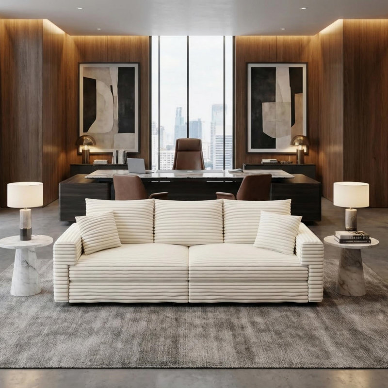 82.7" 3-seat Sofas Couches, Modern Corduroy Chaise Lounge With Solid Wood Legs, Removable Covers, Convertible Love Seat, Cream White