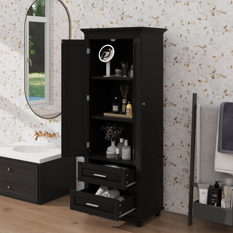 High Storage Cabinet Featuring Two Handy Drawers, Black
