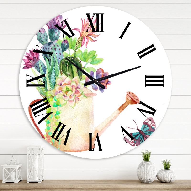 Succulents In Old Watering Can - Horloge murale, Surdimensionné