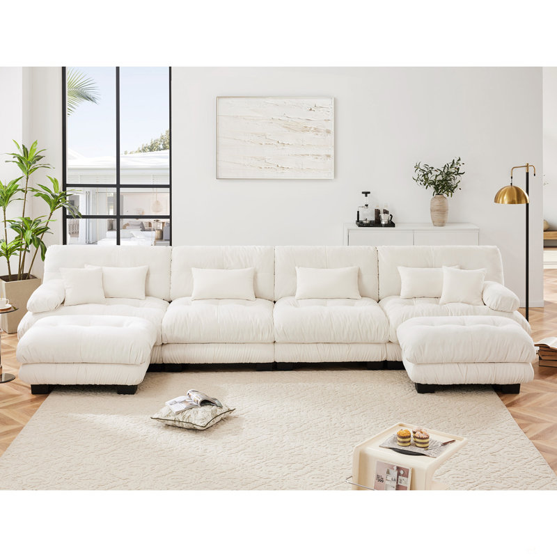 Chenille Modular Sectional Sofa, Oversized U Shape Cloud Couch With 2 Ottomans,Combined 4 Seater Comfy Sofa With Bolster Armrest Pillows
