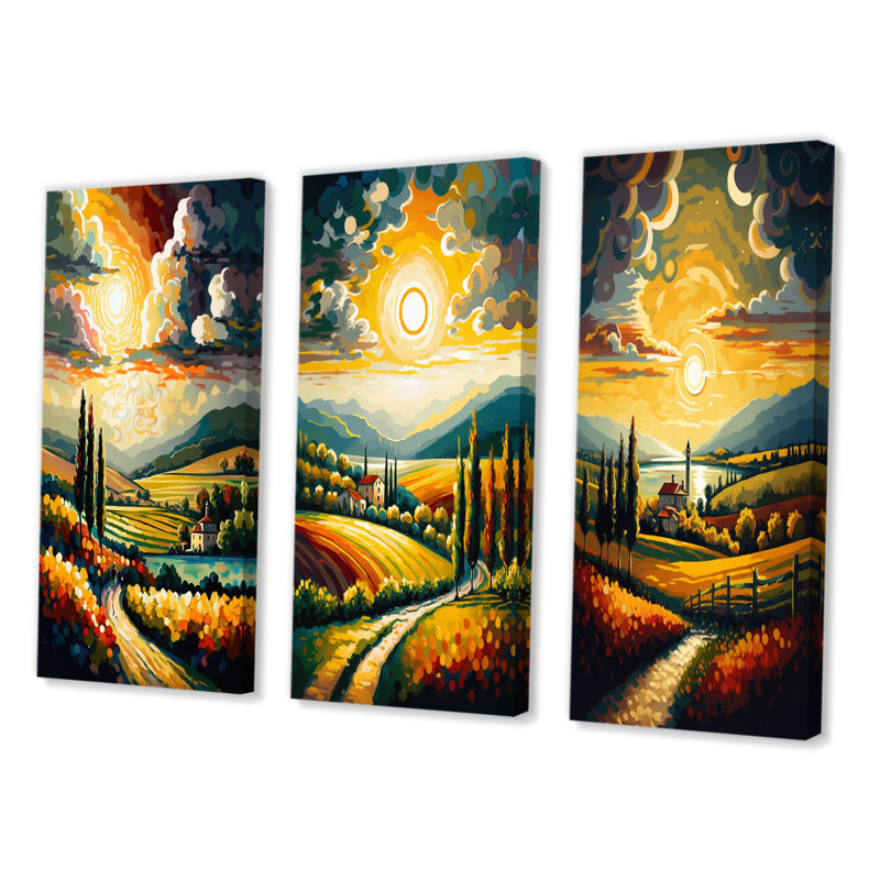 Sun Rays Peaking Through Clouds - Landscape Mountains, ensemble d'art de 3 pièces, Toile tendue, H 40 po x l 60 po