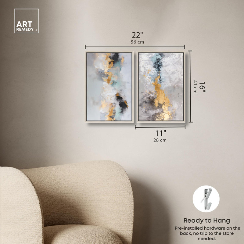 Gilded Luxe Duo Blue Art 2 Panel Set Canvas Print by , Silver, Floater Framed Print without Mat, 16" H x 11" W