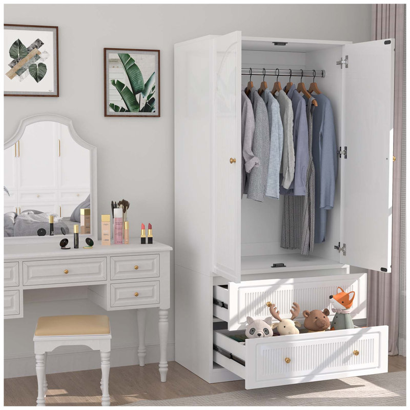Armoire-penderie Armoire, rangement en tissu en bois avec 2 tiroirs de rangement et tiges de suspension amovibles, blanc