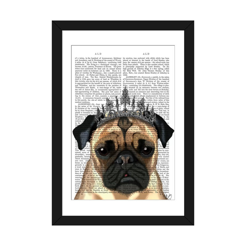 Fab Funky «Pug with Tiara», reproduction sur toile tendue, H 26 po x l 18 po x P 1,5 po, Papier d'art encadré noir, Blanc