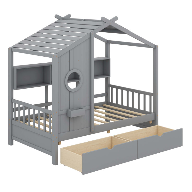 A Wooden House Bed With Two Drawers, Designed As A Kids' Bed Featuring A Storage Shelf, Gray, Twin