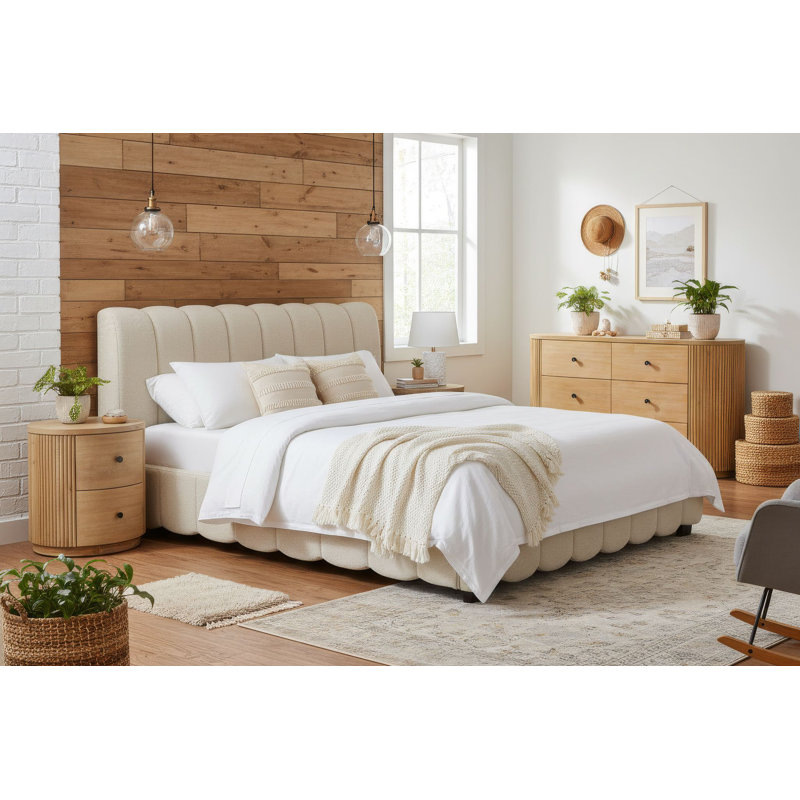 Ensemble de chambre à coucher 4 pièces Harris + Jacobson - Tissu moderne blanc cassé + chêne naturel, Grand