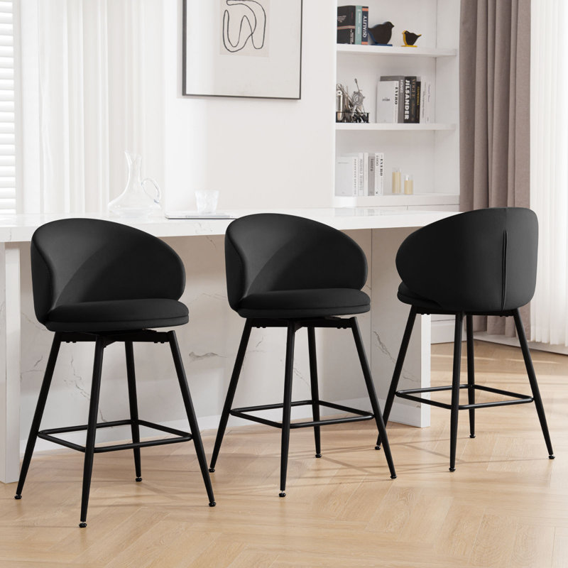 Swivel Velvet Upholstered Bar Stools，Set of 3, Black, 3, Bar Stool (30" Seat Height)