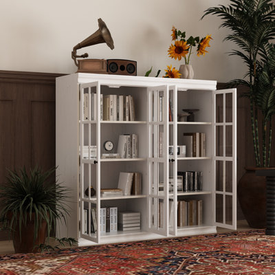 47.2" Wide White Bookcase With Tempered Glass Doors & Fixed Shelves – Modern Storage Cabinet