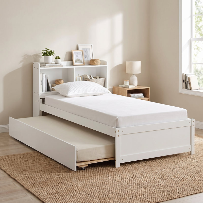 Teen Bed Platform Standard Bed With Bookcase And Twin Trundle, White, Twin