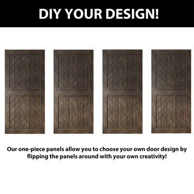 Homacer 30 in. x 84 in. 4-IN-1 Fishbone Design Ebony Finished & Unassembled Pine Wood Barn Door (Interior Use Only)